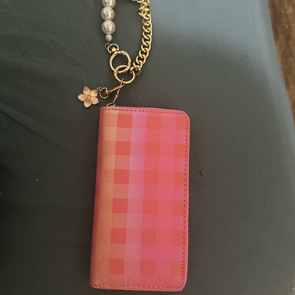 BARBIE Pink Checkered Wallet w/Gold pearly wristlet